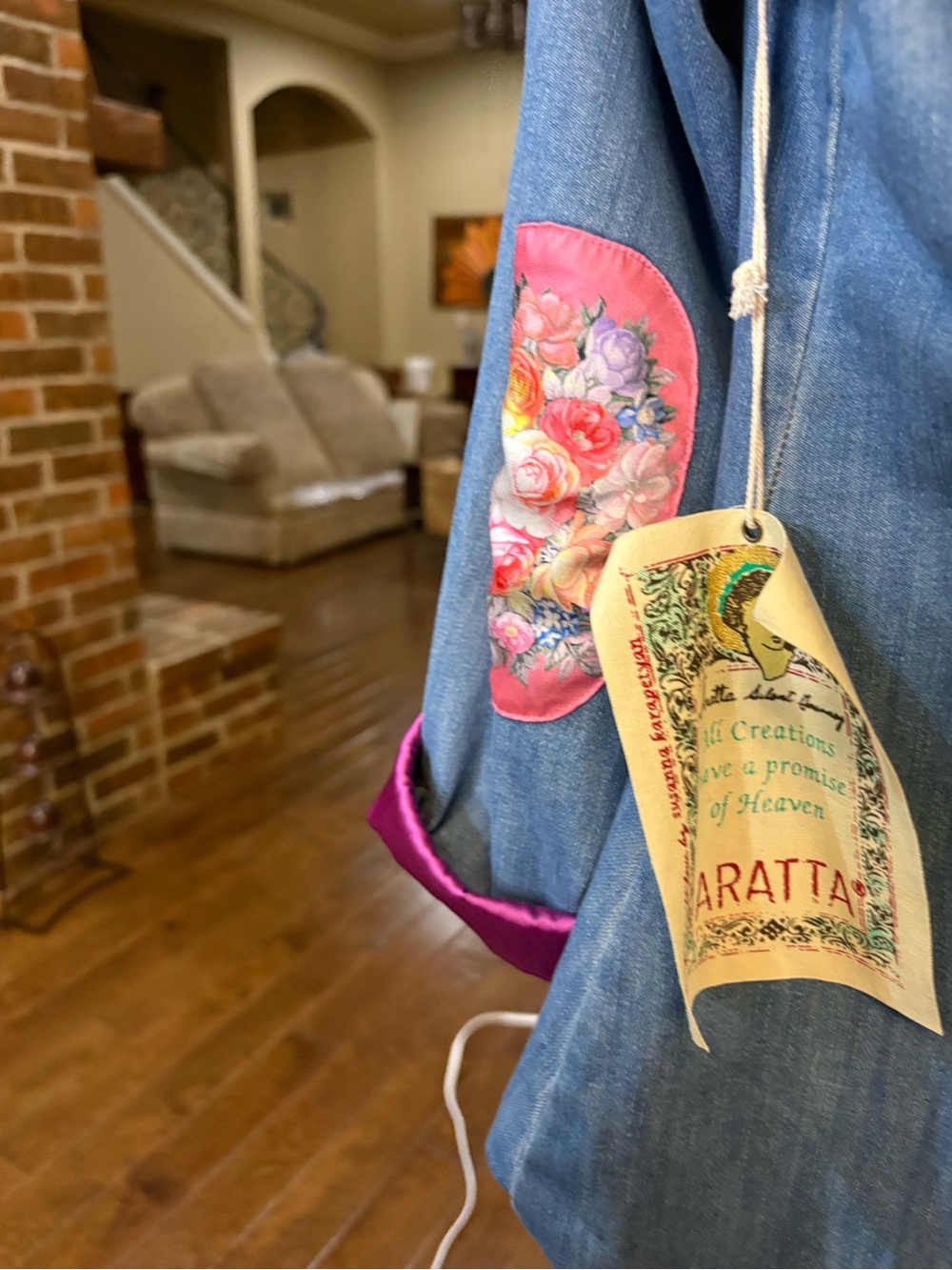 Aratta Silent Journey Montecarlo Blue Denim Blazer with Pink Floral Patch - Picture 6 of 10
